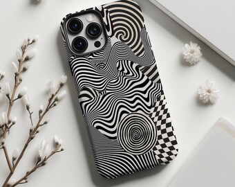 Black White Op‑Art Trippy Collage Phone Case,Distorted Wavy Stripe Print,For iphone 18 17 16 15 14 13 12 11 Pro Max,Samsung S26 S25,Magsafe