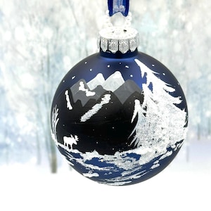Navy Blue Hand Painted Moose Christmas Ornament: Colorado Mountain Scene