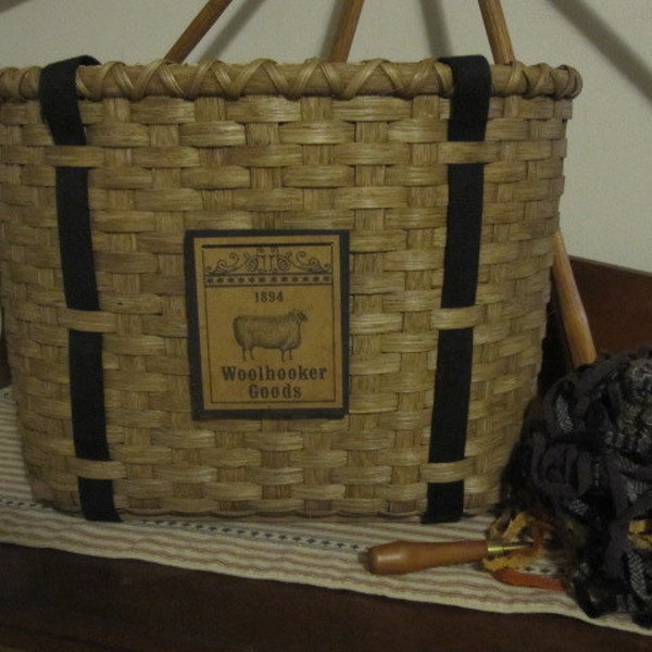 Rug Hooking Tote Basket Handwoven, Re-usable Tote, Storage Basket, Wool, Primitive Basket, Cross Stitch Basket, Crochet Basket, Handmade