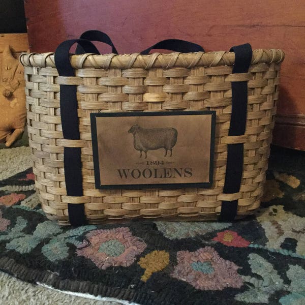 Re-usable Tote basket, Storage Basket, Wool, Primitive Basket, Cross Stitch Basket, Crochet Basket, Handmade