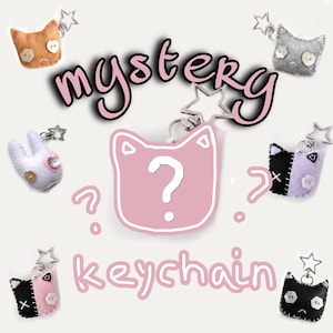 May include: A collection of handmade cat-shaped keychains in various colors, including orange, gray, black, and pink. The word "mystery" is written above the central keychain, which features a question mark. The word "keychain" is written below.