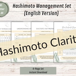 Puede incluir: Un conjunto de gestión de Hashimoto de cuatro páginas, con el texto "Hashimoto Clarity". El conjunto incluye páginas para el seguimiento de los valores de la tiroides, la preparación de la visita al médico y un glosario. El diseño incorpora ilustraciones de mariposas y hojas.
