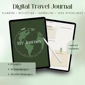 Könnte beinhalten: Digitales Reisetagebuch auf einem Tablet. Die dunkelgrüne Hülle zeigt eine Weltkarte mit dem Text "My Journey". Das Journal enthält Planungs-, Reflexions- und Journaling-Seiten. Der Text "100% Hyperlinked" ist ebenfalls sichtbar. Das Journal ist für Goodnotes gemacht.