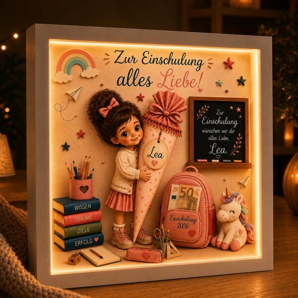 Pode incluir: Uma moldura iluminada com uma figura de menina segurando um cone rosa, uma pilha de livros com as palavras Wissen, Traume, Ziele, Erfolg, uma mochila rosa com uma nota de 50 euros, um peluche de unicórnio e o texto Zur Einschulung alles Liebe.