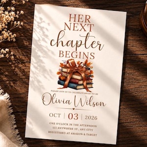 Book Themed Bridal Shower Invitation, Her Next Chapter Begins, Fall Wedding Shower Invite, Editable Canva Template