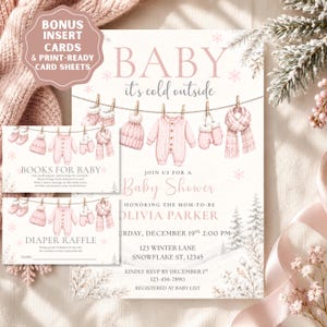 Baby It’s Cold Outside Baby Shower uitnodiging voor een meisje, winterse babyshower voor een meisje, roze sneeuwvlokken babyshower, bewerkbare Canva-sjabloon