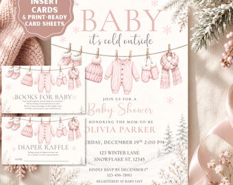 Invitation pour une fête prénatale sur le thème « Bébé, il fait froid dehors », fête prénatale hivernale, fête prénatale sur le thème des flocons de neige roses, modèle Canva modifiable