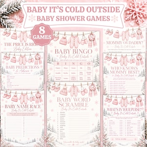 May include: A set of eight baby shower game cards featuring a winter theme with pink baby clothes hanging on a clothesline, snowflakes, and pine trees. The text includes titles like Baby It's Cold Outside, Baby Bingo, and Baby Word Scramble.