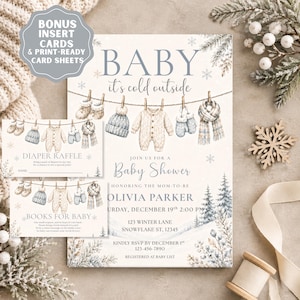 May include: A winter-themed baby shower invitation set featuring illustrations of baby clothes hanging on a clothesline, including a onesie, hat, mittens, and scarf. The text reads Baby it's cold outside, Baby Shower, Olivia Parker, December 19th, 2:00 PM, 123 Winter Lane, Snowflake St, 12345, and RSVP by December 1st.
