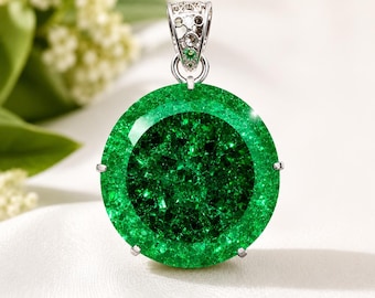 Certified Natural Colombian Emerald Pendant, 80 Carat Round Gemstone, 925 Sterling Silver