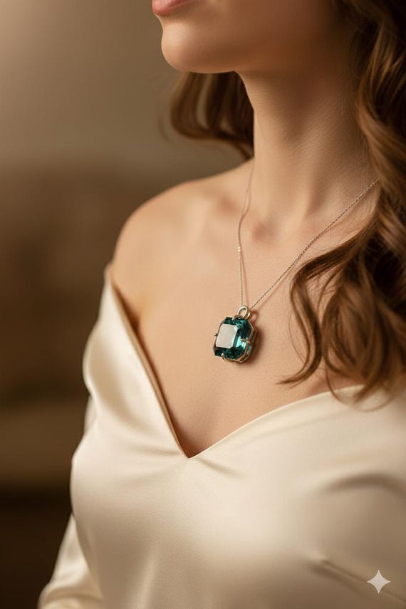24 CT Green Sapphire Pendant, Asscher Cut, Sterling Silver