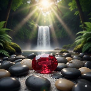 May include: A vibrant, oval-cut ruby gemstone sits amongst smooth, dark grey and tan pebbles. A waterfall and verdant foliage form the backdrop, with sunlight filtering through the trees, creating a tranquil, natural scene.