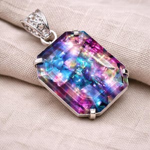 May include: A rectangular pendant with a vibrant, multi-colored gemstone. The gem features shades of blue, purple, and pink, set in a silver-toned frame. The pendant has an ornate bail for attaching to a chain.