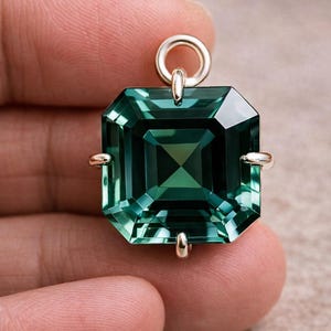 K&ouml;nnte beinhalten: Ein gro&szlig;er, smaragdgeschliffener gr&uuml;ner Edelsteinanh&auml;nger mit einer goldfarbenen &Ouml;se. Der Edelstein hat eine tiefe teal-Farbe mit mehreren Facetten, die einen funkelnden Effekt erzeugen. Der Anh&auml;nger wird von einer Hand gehalten.