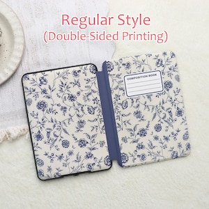 May include: An open, floral-patterned case with a blue spine and a composition book design. The case features a cream background with blue floral and leaf patterns. The text "Regular Style (Double-Sided Printing)" is visible.