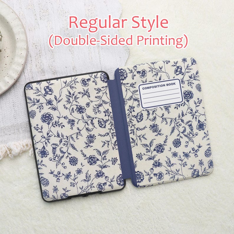 May include: An open, floral-patterned case with a blue spine and a composition book design. The case features a cream background with blue floral and leaf patterns. The text "Regular Style (Double-Sided Printing)" is visible.