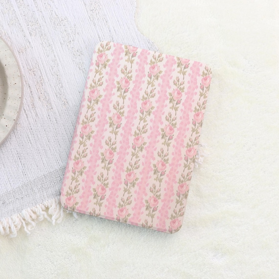 Retro Flowers Pink Stripes Custom Kindle Case 2024 Paperwhite 12th Gen Kindle 12th/11th/10th Colorsoft Custom Kindle Cover with Hand Strap