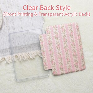 May include: A clear, transparent acrylic case with a floral patterned insert. The insert features a repeating pattern of pink roses and green leaves on a cream background. Text at the top reads "Clear Back Style (Front Printing & Transparent Acrylic Back)".