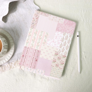 Elegant Pink Floral Plaid Collage iPad Case with Pencil Holder for 2025 2024 Air 7/6/5 iPad 10 10.9&quot;, 10.2&quot; iPad Pro 11&quot;12.9&quot; 13&quot; Mini 6/7