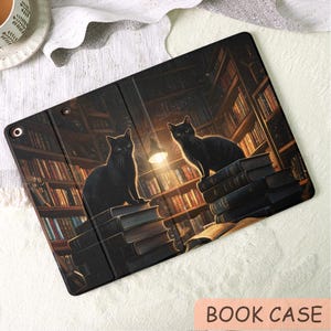 Black Cat Library Custom iPad Case with Pencil Holder for 2025 2024 New iPad A16 Air 7/6/5 10 10.9" 10.2" Pro 11" 12.9" 13" Mini 6/7 Cover