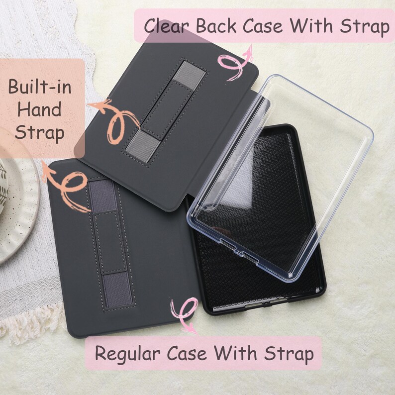 May include: A set of tablet cases, including a clear back case and a regular case with a strap. The regular case is dark gray with a built-in hand strap. The clear case is transparent. Text on the image reads "Clear Back Case With Strap" and "Regular Case With Strap."