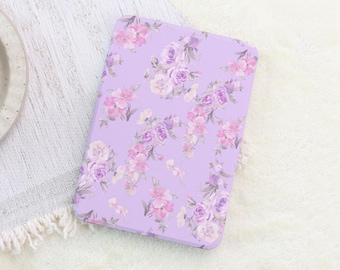 Retro Purple Flowers Custom Kindle Case 2024 Paperwhite 12th Gen Kindle 12th/11th/10th Colorsoft Clear Back Kindle Cover with Hand Strap