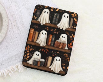 Geist Bücherregal Halloween Custom Kindle Hülle 2024 Paperwhite 12.Gen Kindle 12./11./10.Generation Kindle-Hülle mit durchsichtiger Rückseite und Handschlaufe