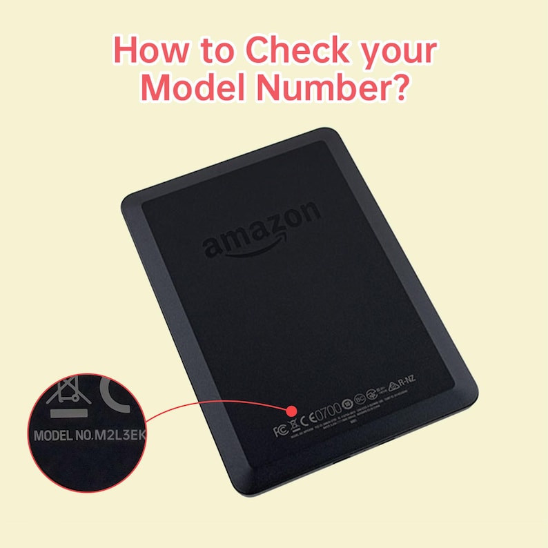 May include: Black Amazon tablet with the Amazon logo. The text "How to Check your Model Number?" is at the top. A close-up shows the model number M2L3EK.