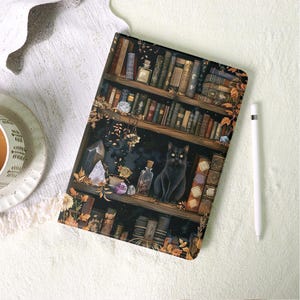 Magic Bookshelf Cat Custom iPad Case with Pencil Holder for 2025 2024 New A16 Air 7/6/5 iPad 10 10.9", 10.2" iPad Pro 11"12.9" 13" Mini 6/7