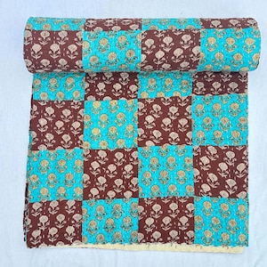 Handmade Kantha Quilt Throw | Floral Cotton Kantha Blanket | Indian Patchwork Bedspread | Boho Home Décor Quilt