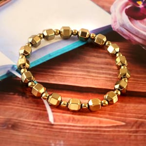 Gouden pyriet kubus kralenarmband – aarding en overvloed energie pyriet armband stretch fit handgemaakt met cadeauzakje en kaart kristallen edelsteen