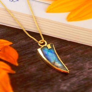 Könnte beinhalten: Eine goldfarbene Halskette mit einem Anhänger aus blauem und grünem Stein. Der Anhänger hat einen goldfarbenen Rand und hängt an einer feinen Goldkette. Die Halskette wird auf einer Holzoberfläche gezeigt.