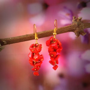 Puede incluir: Un par de pendientes colgantes con racimos de cuentas de coral rojo brillante. Los pendientes tienen ganchos dorados y pequeños detalles dorados, colgando de una rama marrón sobre un fondo suave y borroso.