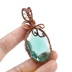 Green Glass Pendant: Antiqued Copper Wire Wrapped Gemstone - Boho Statement Jewelry