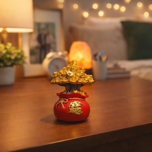 May include: A decorative gold-colored tree figurine with a red base, sitting on a wooden surface. The tree has a detailed design, and the base features gold Chinese characters. The background includes a lamp, a framed photo, and a bed.