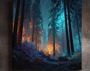 Glowing Woodland Canvas Art: Mystical Illuminated Forest Wall Decor