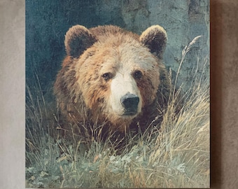 Vintage Grizzly Bear Canvas Art: Muted Woodland Painting