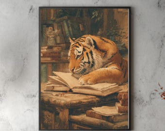 Vintage Tiger Reading Book Art – Retro Animal Canvas Print