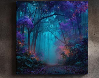 Mystical Illuminated Forest Painting: Enchanted Nature Wall Decor