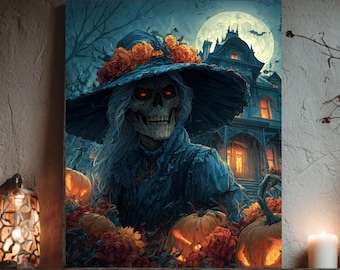Gothic Skeleton Witch Canvas Print: Dark Halloween Decor