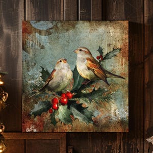 Canvaskunst kerstmussen: winterdecoratie vogelhut