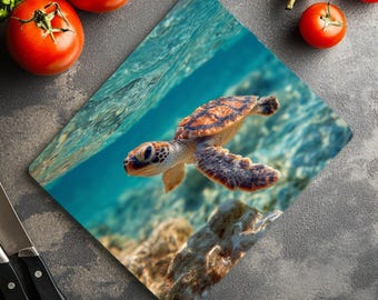Sea Turtle Glass Cutting Board: Coastal Kitchen Decor