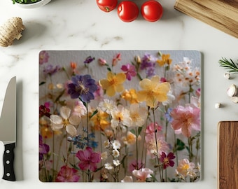 Pressed Wildflower Inspired Glass Cutting Board: Cottagecore Kitchen Decor