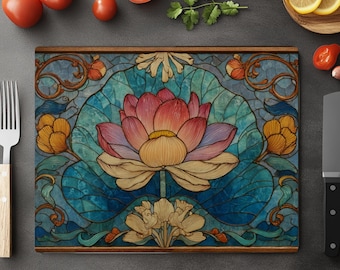 Art Nouveau Lotus Glass Cutting Board – Stained Glass Floral Decor
