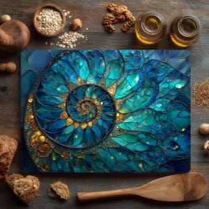 May include: Rectangular cutting board with a stained glass design featuring a nautilus shell in shades of teal, turquoise, and gold. The board is surrounded by wooden bowls, walnuts, and oil bottles on a wooden surface.