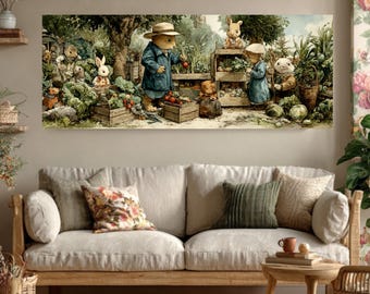 Peter Rabbit Garden Wall Art / Acquerello in stile Beatrix Potter / Tela con stampa di animali stravaganti e cornice
