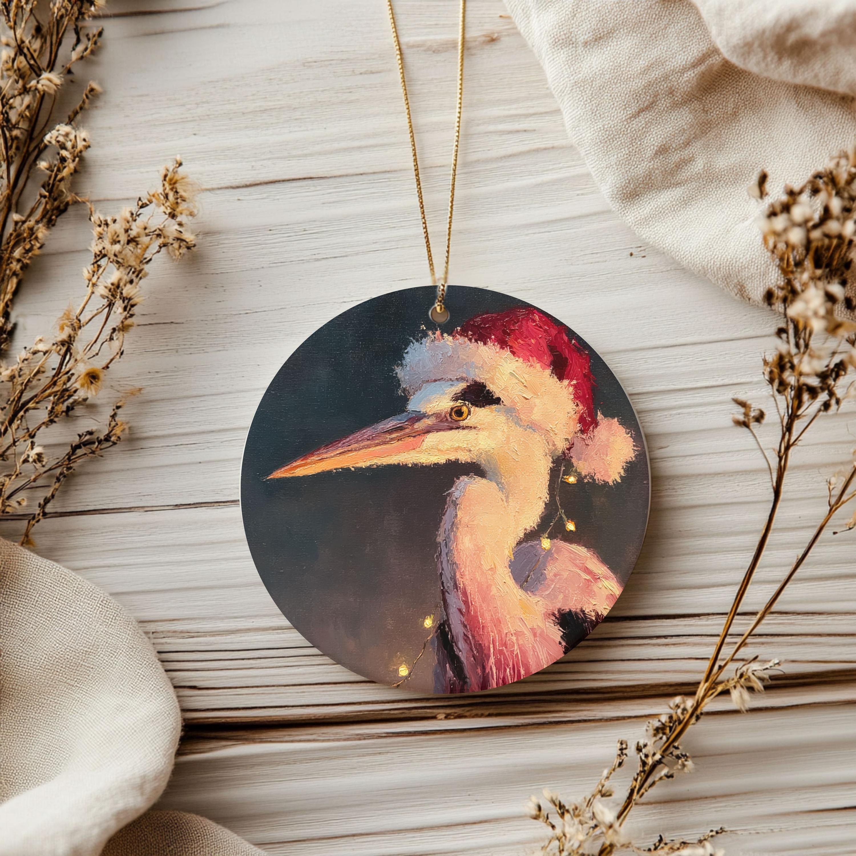 Heron Christmas Ornament With Santa Hat: Coastal Holiday Decor