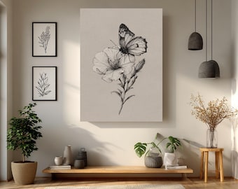 Vintage Butterfly on Flower Pencil Sketch Minimalist Line Art Black & White Print