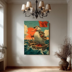 Puede incluir: Una impresión artística en lienzo enmarcada representa un pato en un bote en un mar tormentoso. El pato lleva una gorra y lleva una bandera roja y una bolsa. La obra de arte tiene un estilo ilustrativo vintage con una puesta de sol en el fondo.