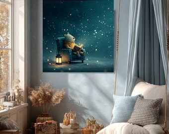 Whimsical Teddy Bear Reading Under Stars | Dreamy Kids Wall Art | Magical Storybook Illustration | Nursery Room Decor
